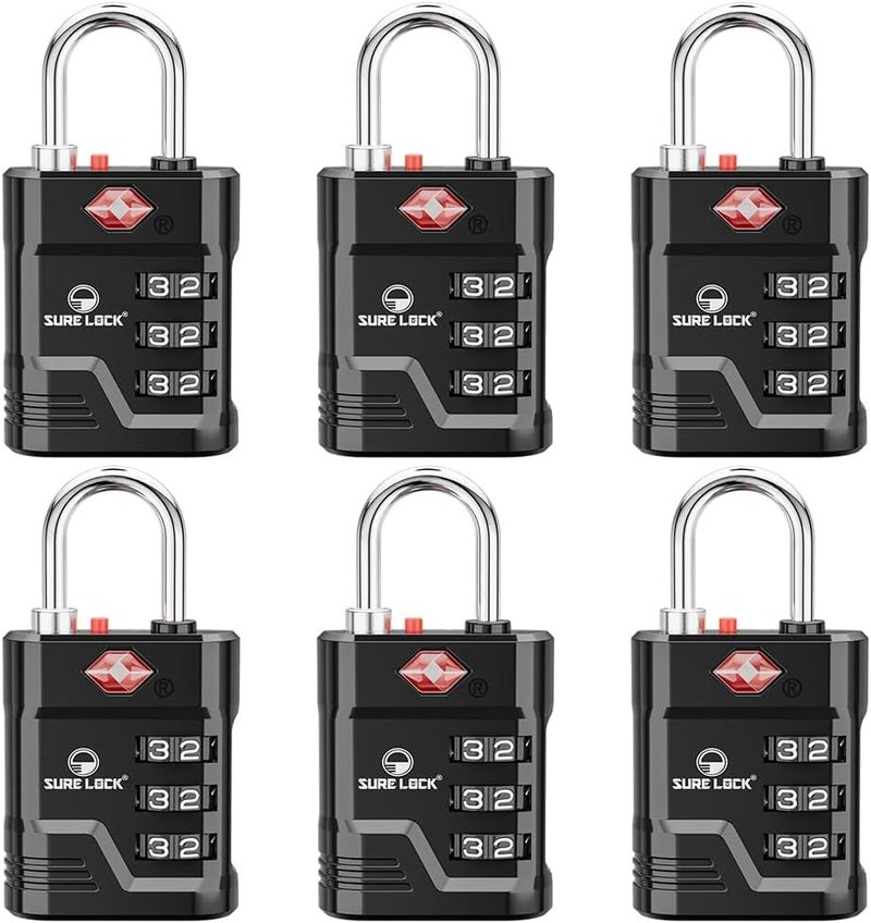 SURE LOCK TSA Locks for Luggage, TSA Approved Luggage Locks with Open Alert, 008 Key for High Security, Easy Read Dials, Zinc Alloy Body, Locker Lock for Suitcase, Gym, Travel(Black 6 pk) - Image 1